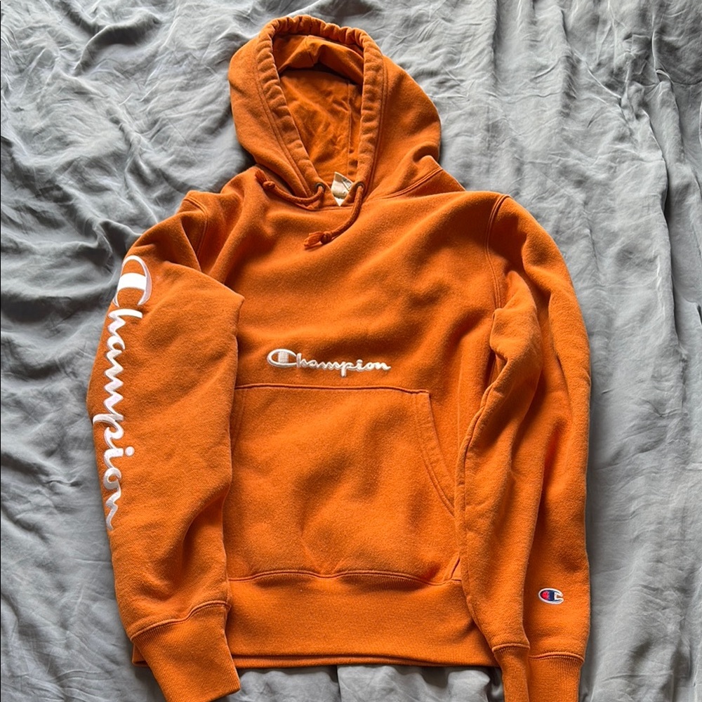Champion Orange Sweater with Bold Logo and Hood